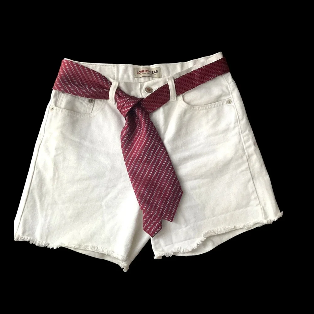 London Jean Womens White‎ High Rise Frayed Raw Hem Denim Shorts Tie Belt Size 6